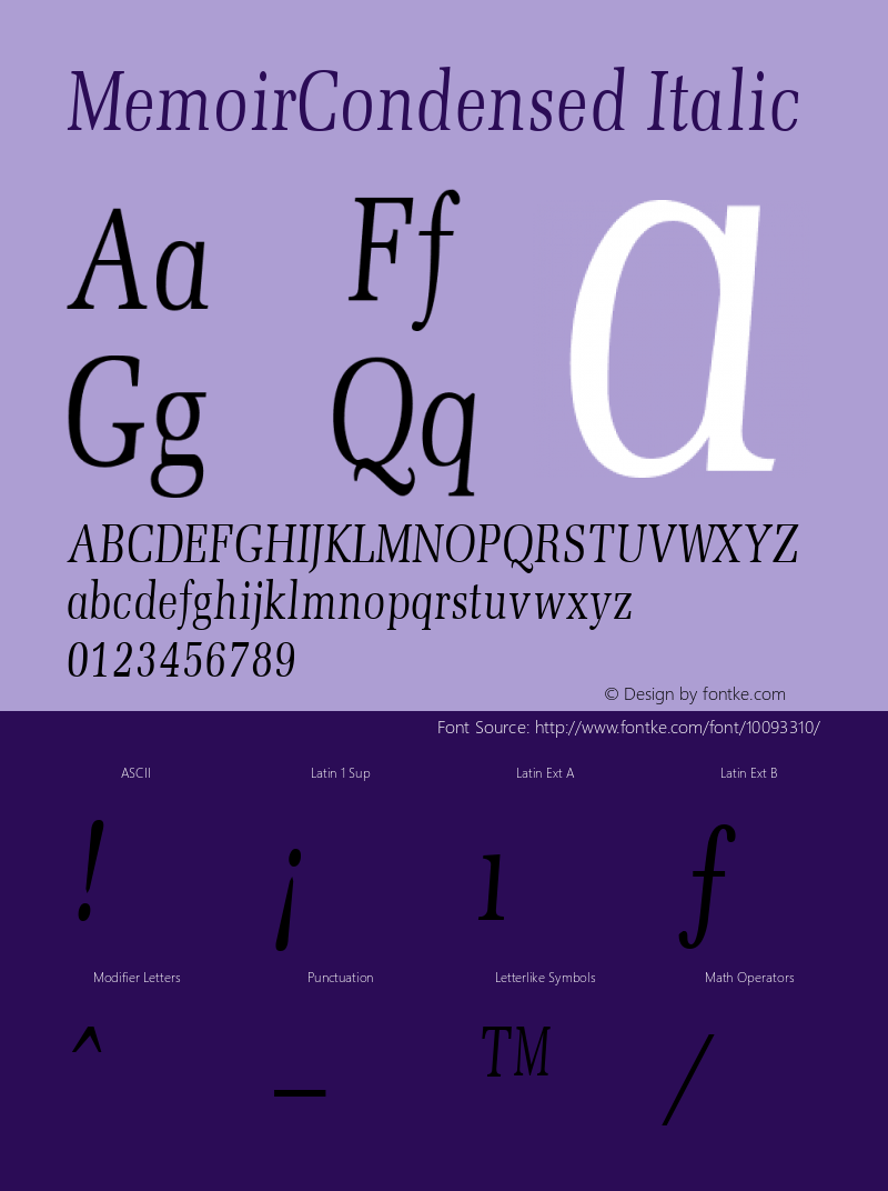 MemoirCondensed Italic The IMSI MasterFonts Collection, tm 1995, 1996 IMSI (International Microcomputer Software Inc.)图片样张