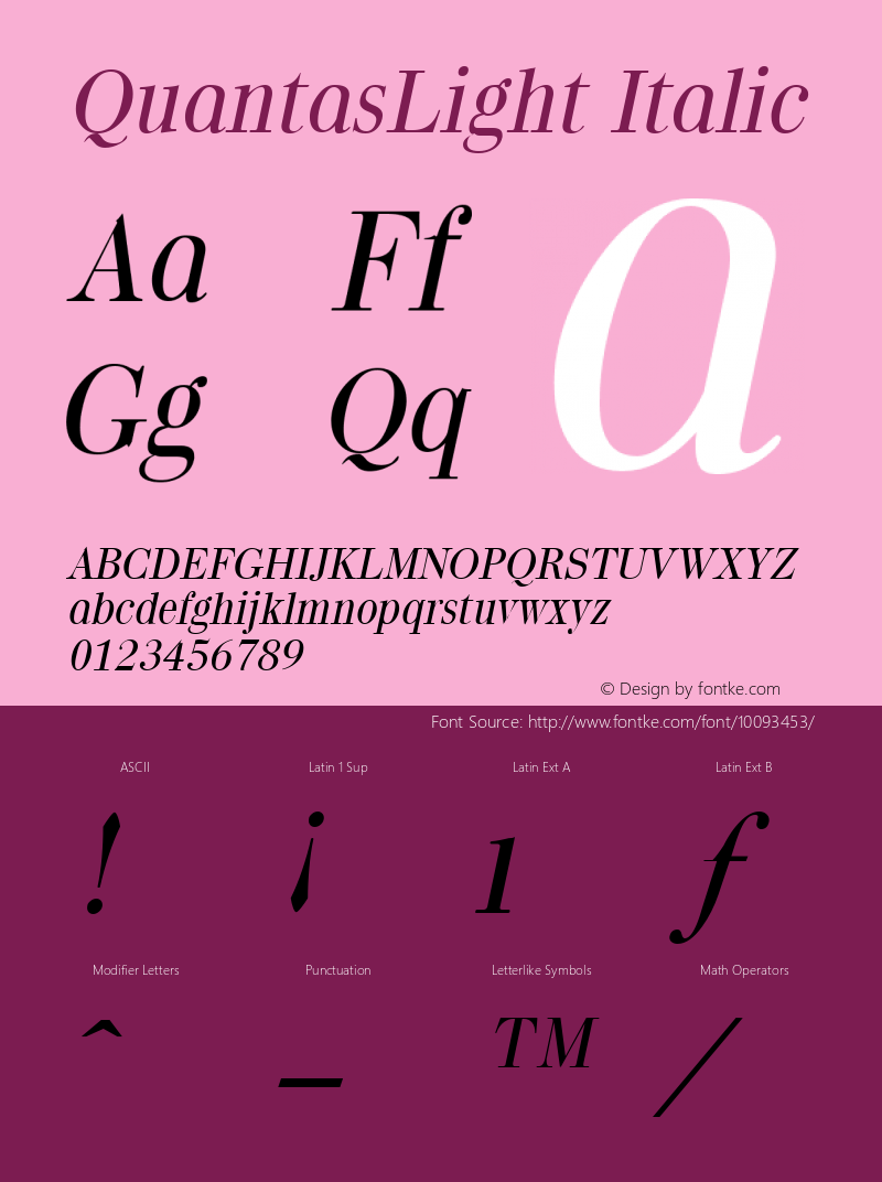 QuantasLight Italic The IMSI MasterFonts Collection, tm 1995, 1996 IMSI (International Microcomputer Software Inc.)图片样张