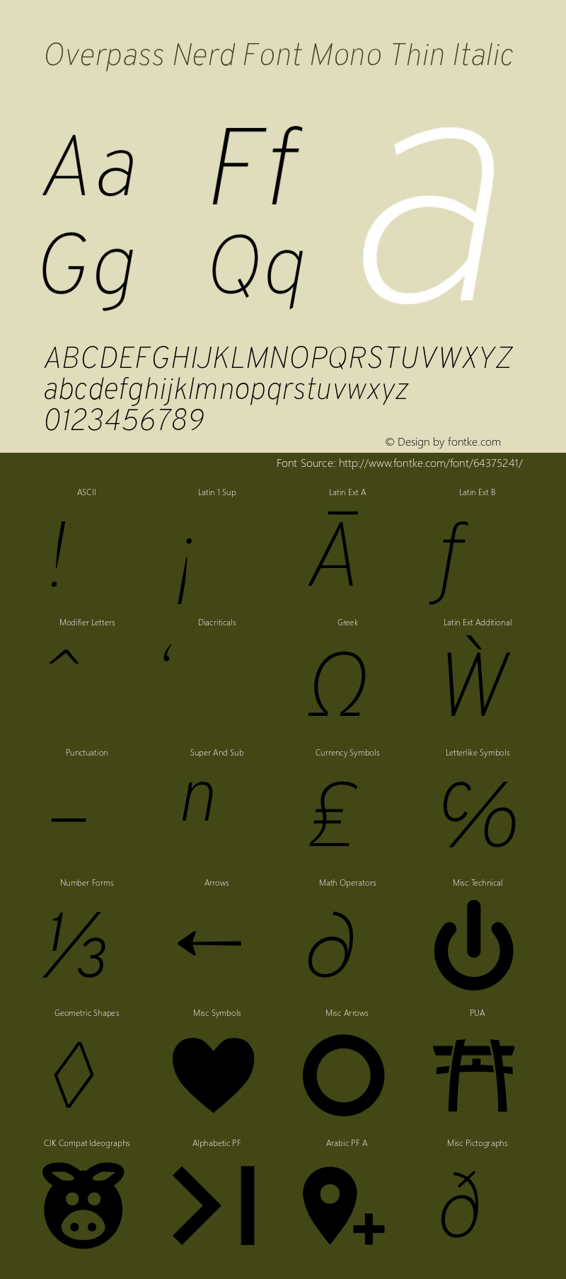 Overpass Thin Italic Nerd Font Complete Mono Version 3.000;DELV;Overpass图片样张