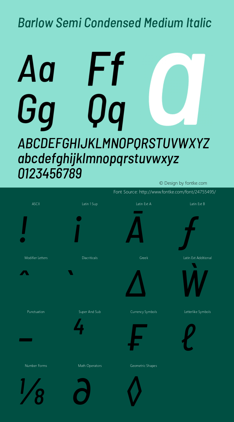 Barlow Semi Condensed Medium Italic Version 1.101;PS 001.101;hotconv 1.0.88;makeotf.lib2.5.64775图片样张