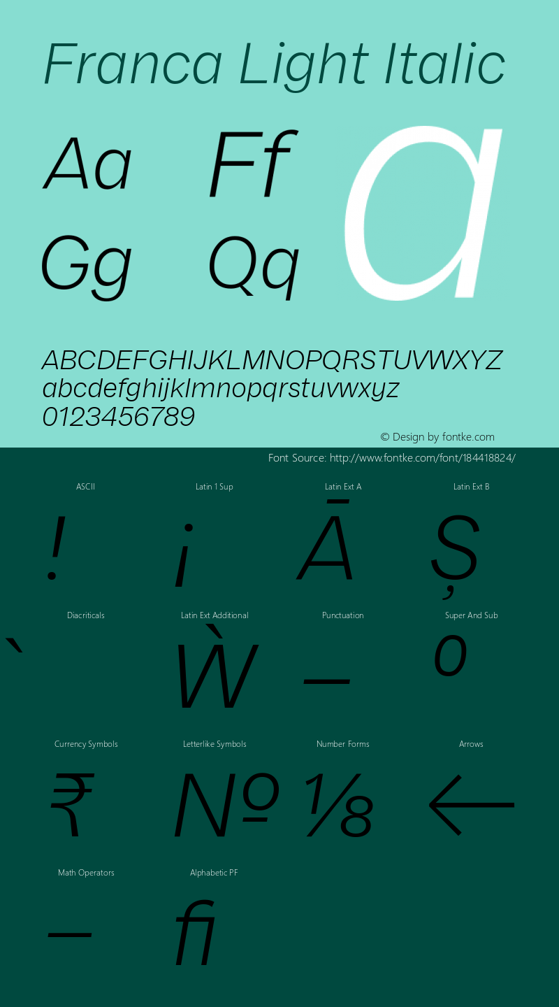 Franca Light Italic Version 1.000;PS 001.000;hotconv 1.0.88;makeotf.lib2.5.64775图片样张