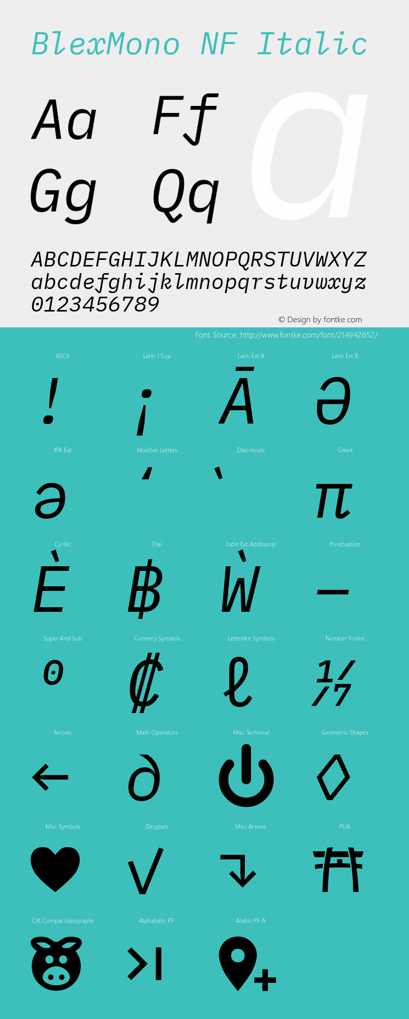 Blex Mono Italic Nerd Font Complete Windows Compatible Version 2.000;Nerd Fonts 2.1.0图片样张