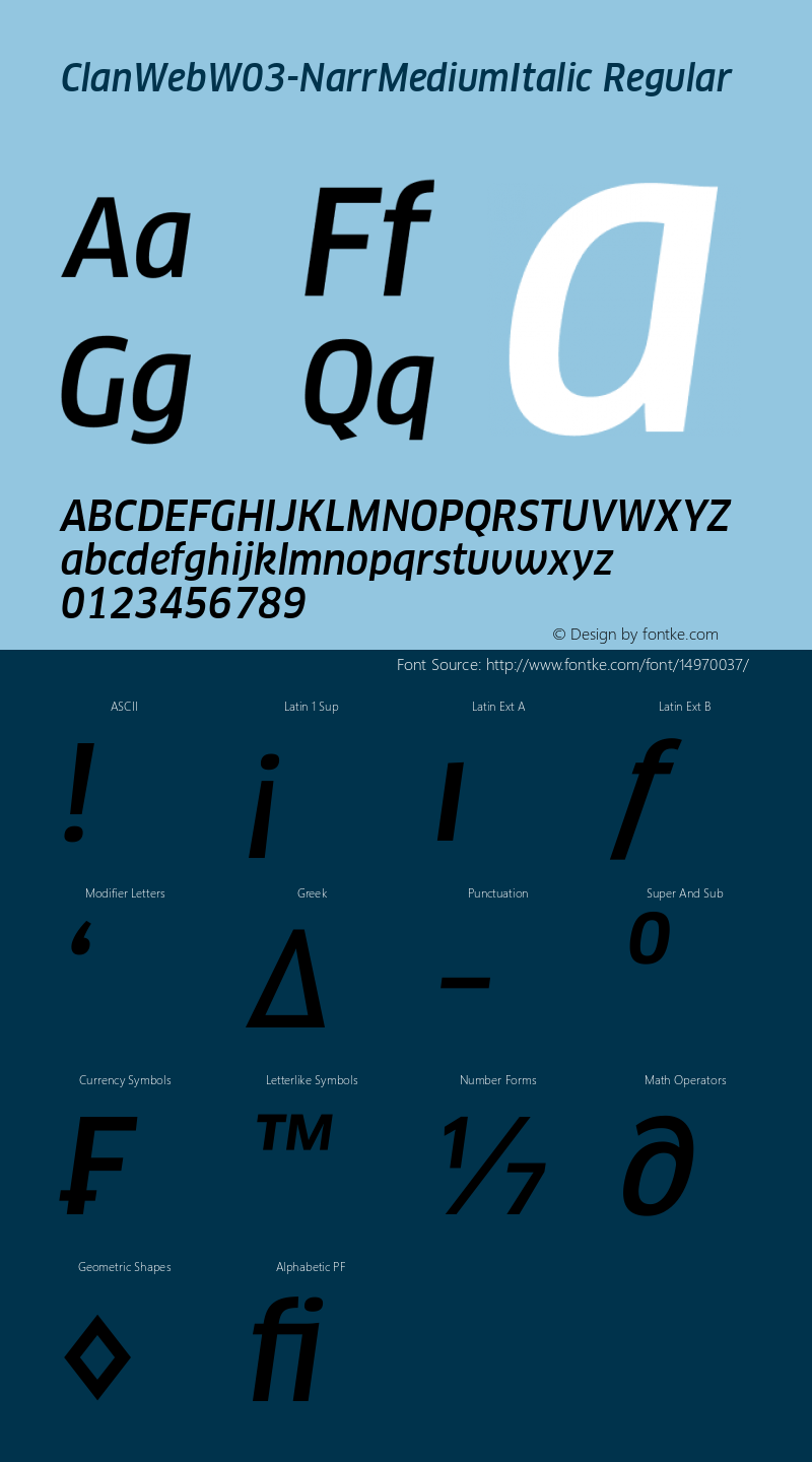 ClanWebW03-NarrMediumItalic Regular Version 7.504图片样张