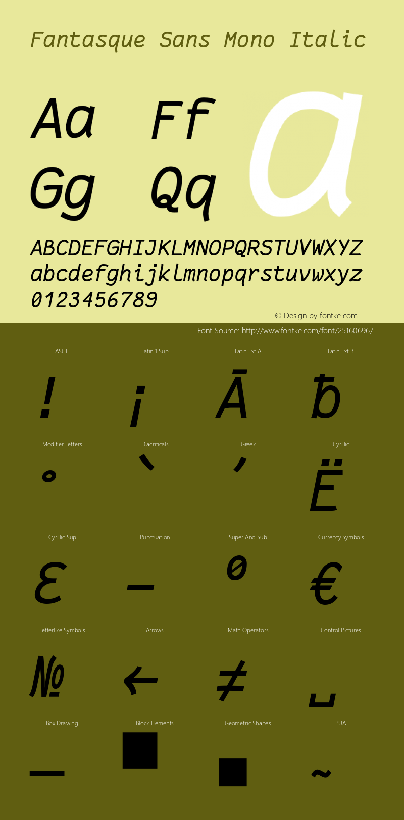 Fantasque Sans Mono Italic Version 1.7.1 ; ttfautohint (v1.4.1.16-c0b8)图片样张