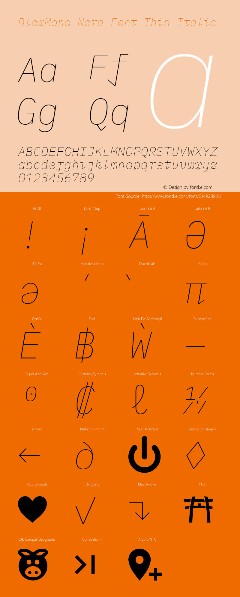 Blex Mono Thin Italic Nerd Font Complete Version 2.000;Nerd Fonts 2.1.0图片样张