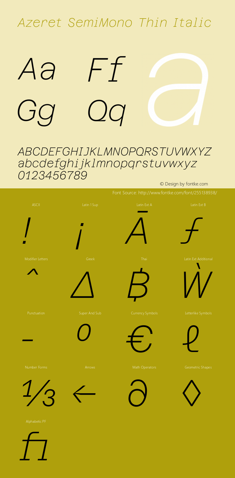 Azeret SemiMono Thin Italic Version 1.000; Glyphs 3.0.3, build 3084图片样张