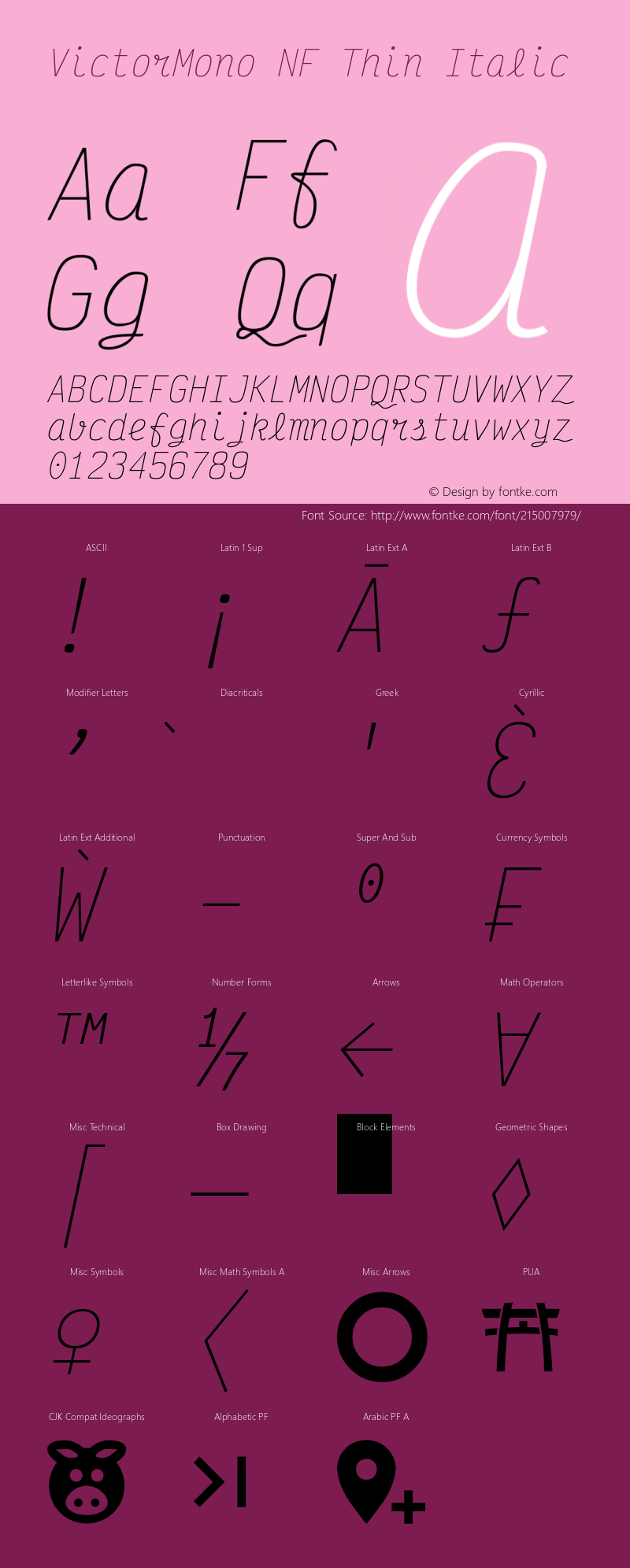 Victor Mono Thin Italic Nerd Font Complete Windows Compatible Version 1.410;Nerd Fonts 2.1.0图片样张