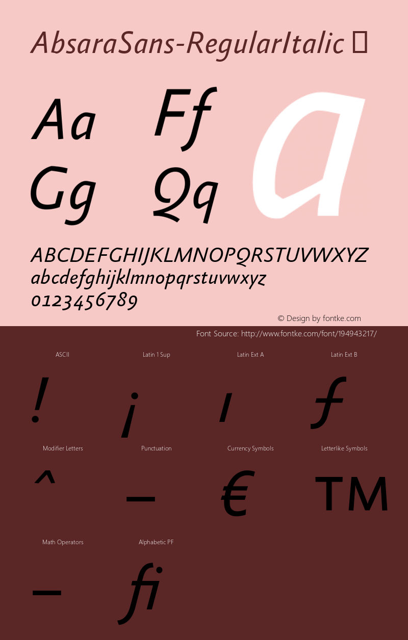 ☞AbsaraSans-RegularItalic Version 4.460 2005;com.myfonts.easy.fontfont.absara-sans.regular-italic.wfkit2.version.38VP图片样张