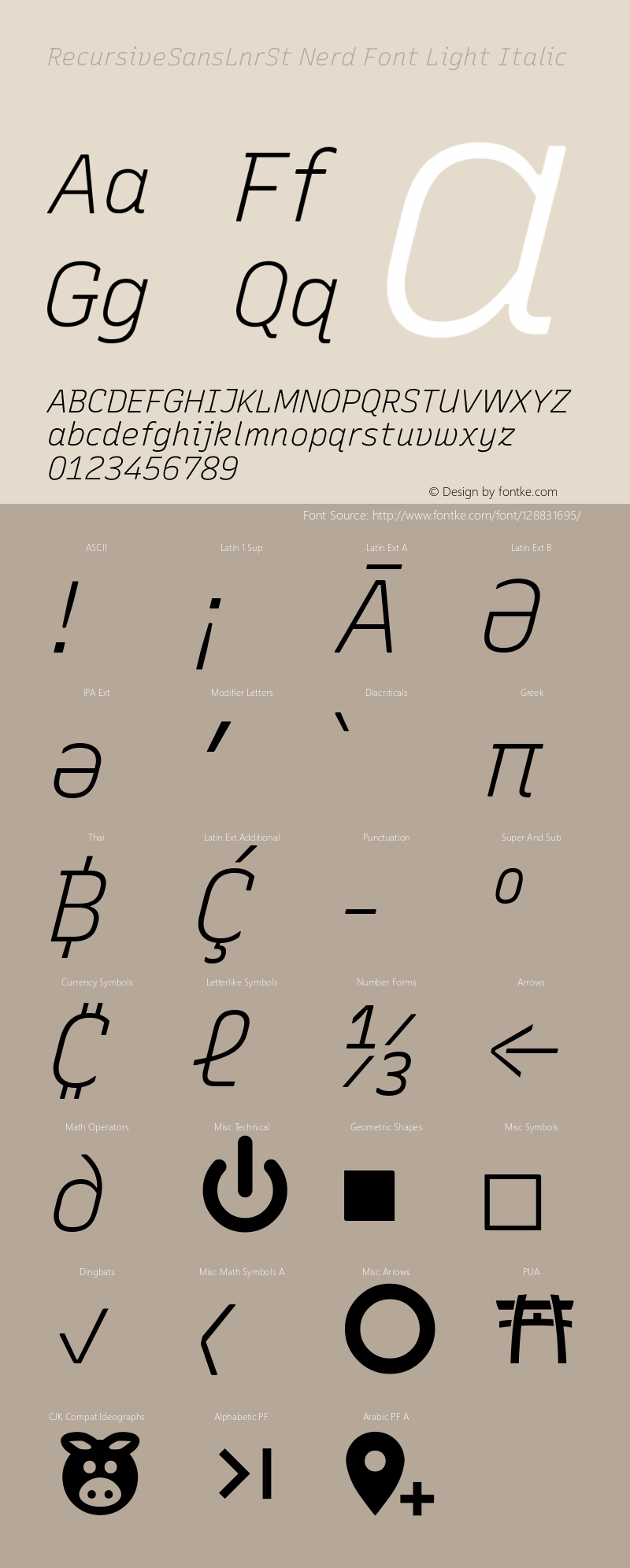 Recursive Sn Lnr St Lt Italic Nerd Font Complete Version 1.066;hotconv 1.0.115;makeotfexe 2.5.65600; ttfautohint (v1.8.3)图片样张