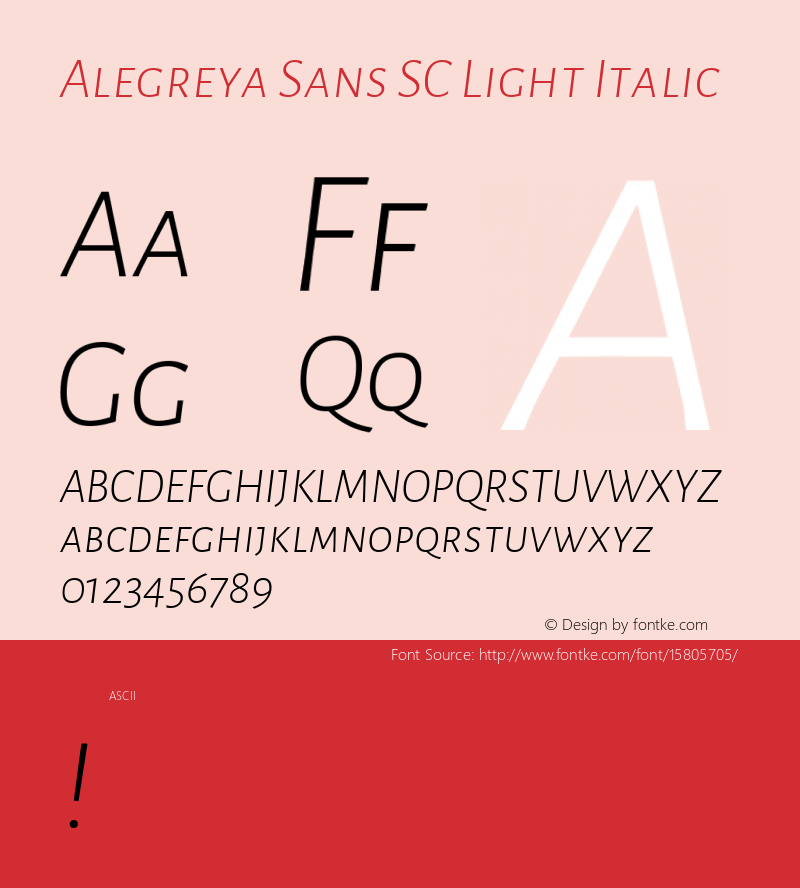 Alegreya Sans SC Light Italic Version 1.000;PS 001.000;hotconv 1.0.70;makeotf.lib2.5.58329 DEVELOPMENT; ttfautohint (v1.4.1)图片样张