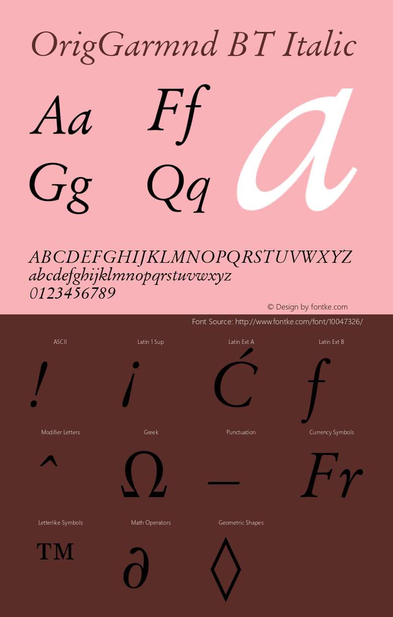 OrigGarmnd BT Italic mfgpctt-v1.54 Thursday, February 11, 1993 11:59:40 am (EST)图片样张