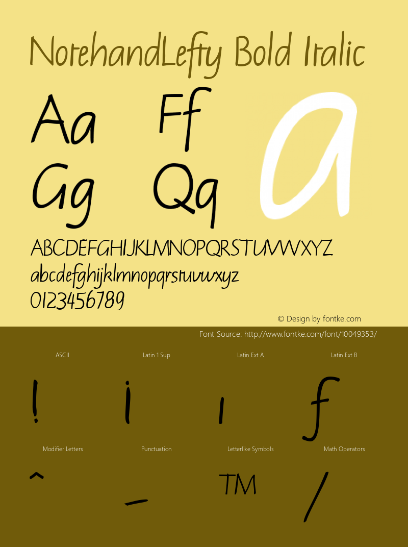 NotehandLefty Bold Italic W.S.I. Int'l v1.1 for GSP: 6/20/95图片样张