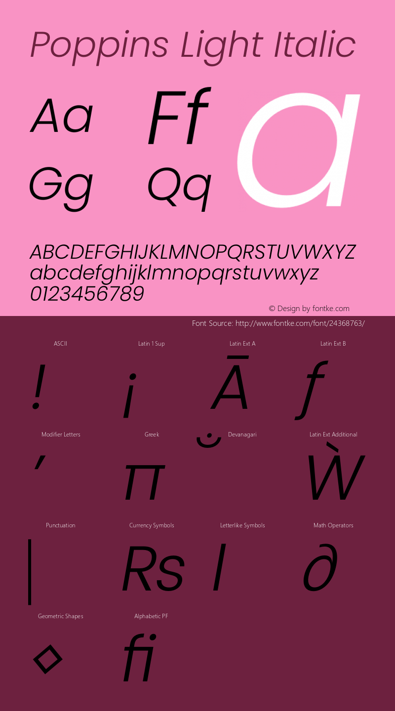 Poppins Light Italic Version 3.100;PS 1.000;hotconv 16.6.54;makeotf.lib2.5.65590图片样张