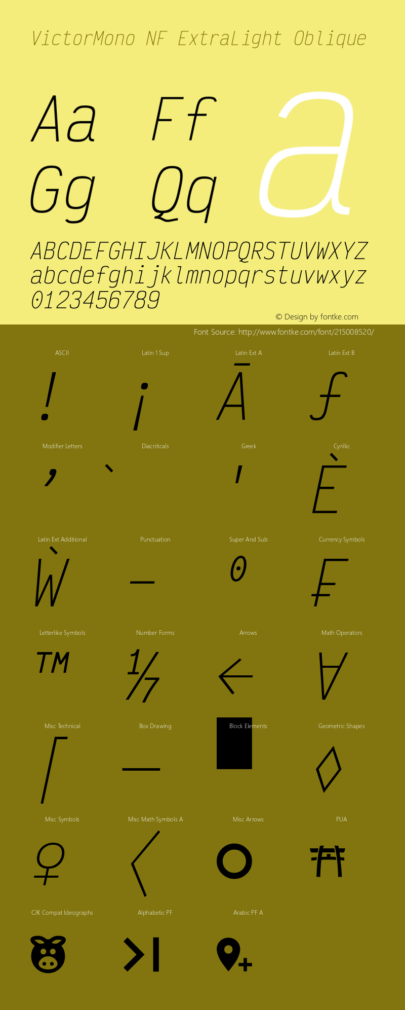 Victor Mono ExtraLight Oblique Nerd Font Complete Mono Windows Compatible Version 1.410;Nerd Fonts 2.1.0图片样张