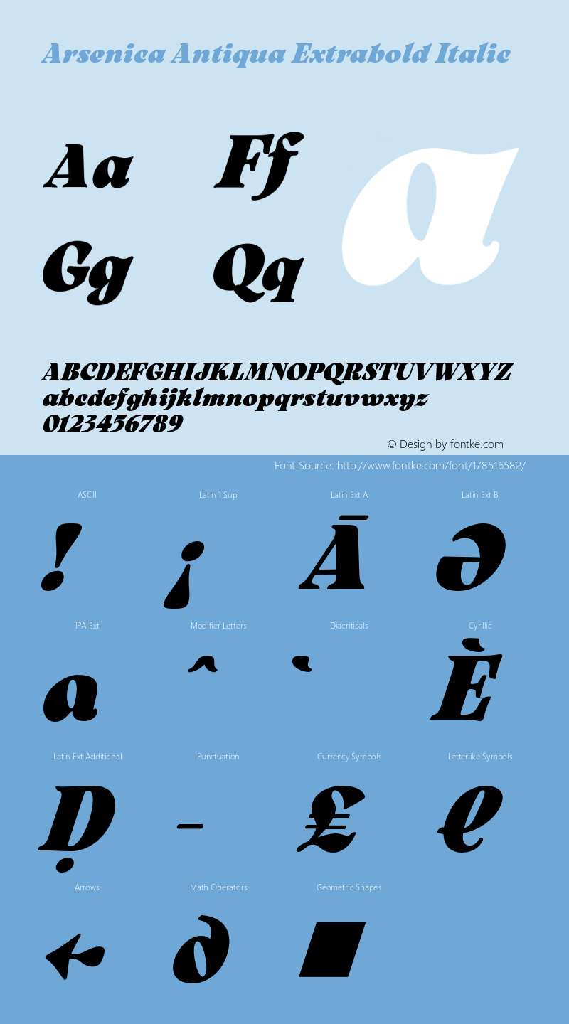 Arsenica Antiqua Extrabold Italic Version 0.003;hotconv 1.0.109;makeotfexe 2.5.65596图片样张