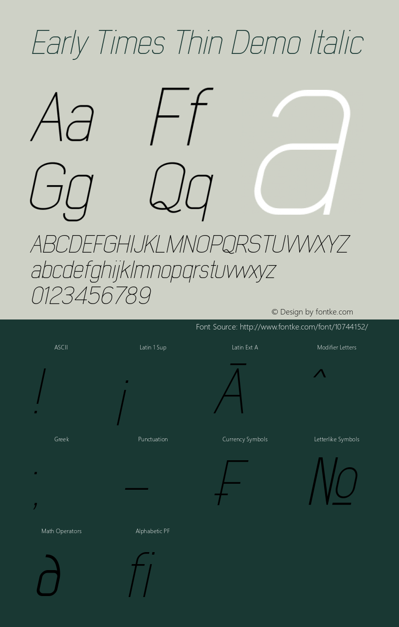 Early Times Thin Demo Italic Version 1.00 July 21, 2015, initial release图片样张