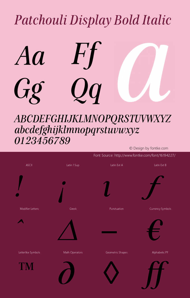 Patchouli Display Bold Italic Version 1.000图片样张