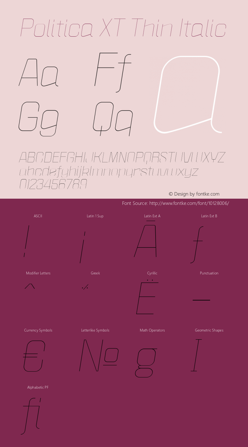 Politica XT Thin Italic Version 1.0; April 2004图片样张