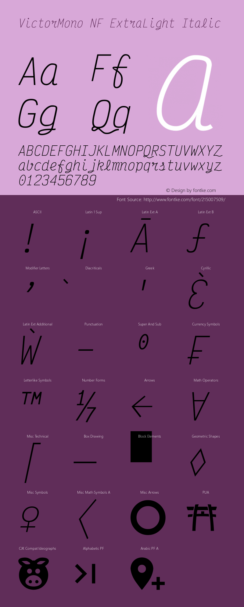 Victor Mono ExtraLight Italic Nerd Font Complete Windows Compatible Version 1.410;Nerd Fonts 2.1.0图片样张