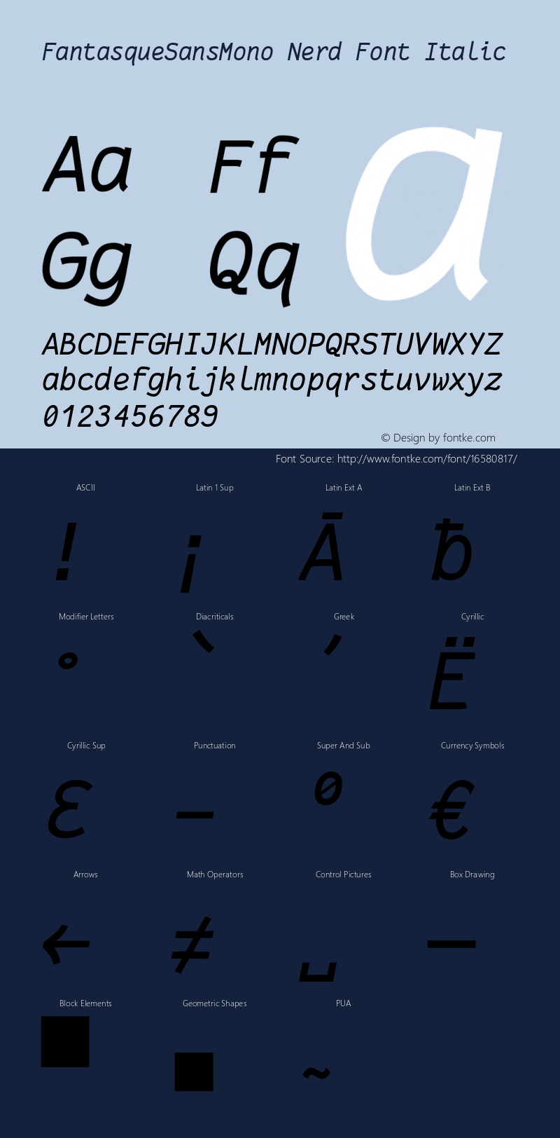 FantasqueSansMono Nerd Font Italic Version 1.7.1 ; ttfautohint (v1.4.1.16-c0b8)图片样张