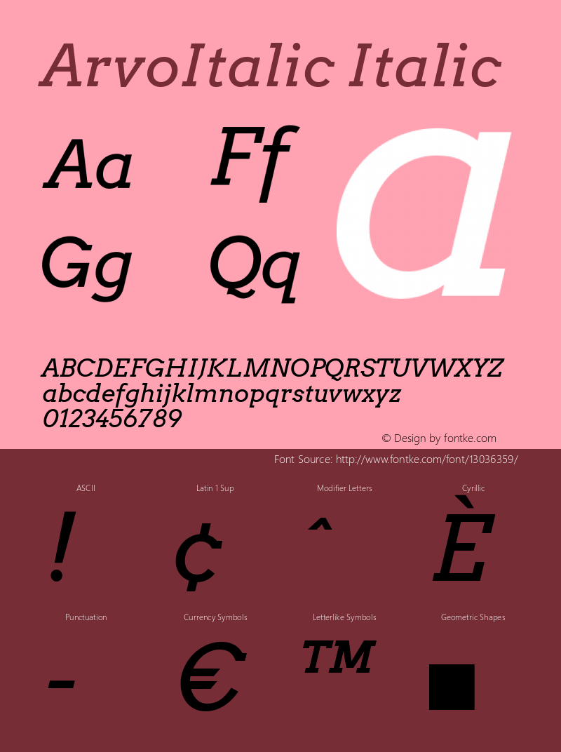 ArvoItalic Italic Version 2.001 2013 beta release图片样张
