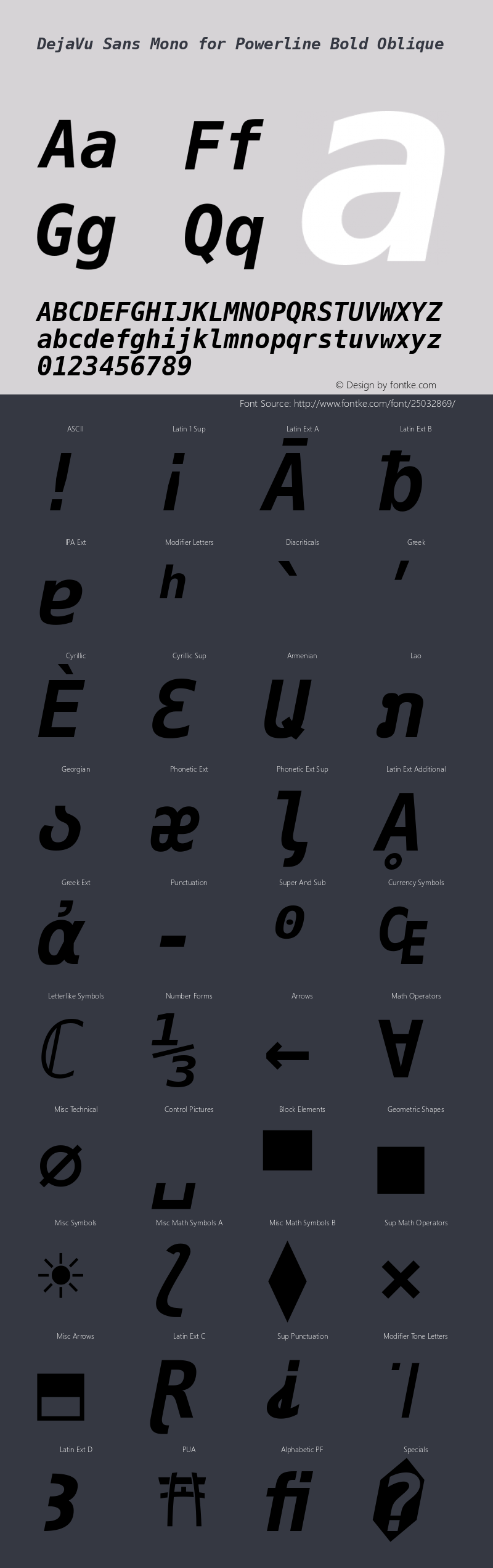 DejaVu Sans Mono Bold Oblique for Powerline Nerd Font Plus Font Awesome Plus Octicons Plus Pomicons Mono Version 2.33图片样张
