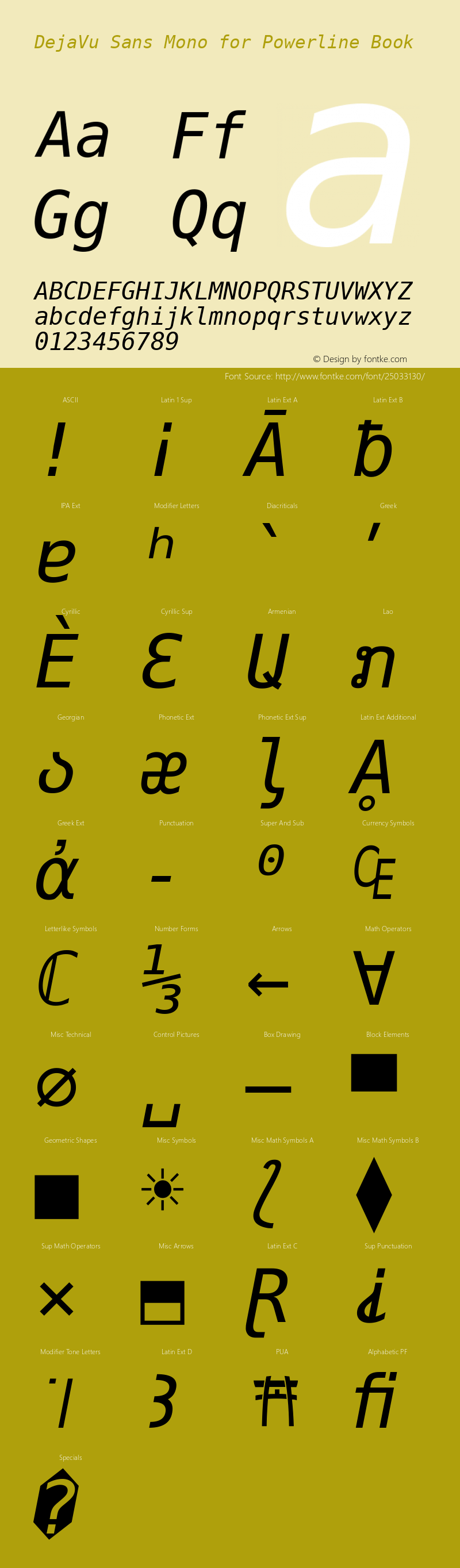 DejaVu Sans Mono Oblique for Powerline Nerd Font Plus Font Awesome Plus Octicons Plus Pomicons Mono Version 2.33图片样张