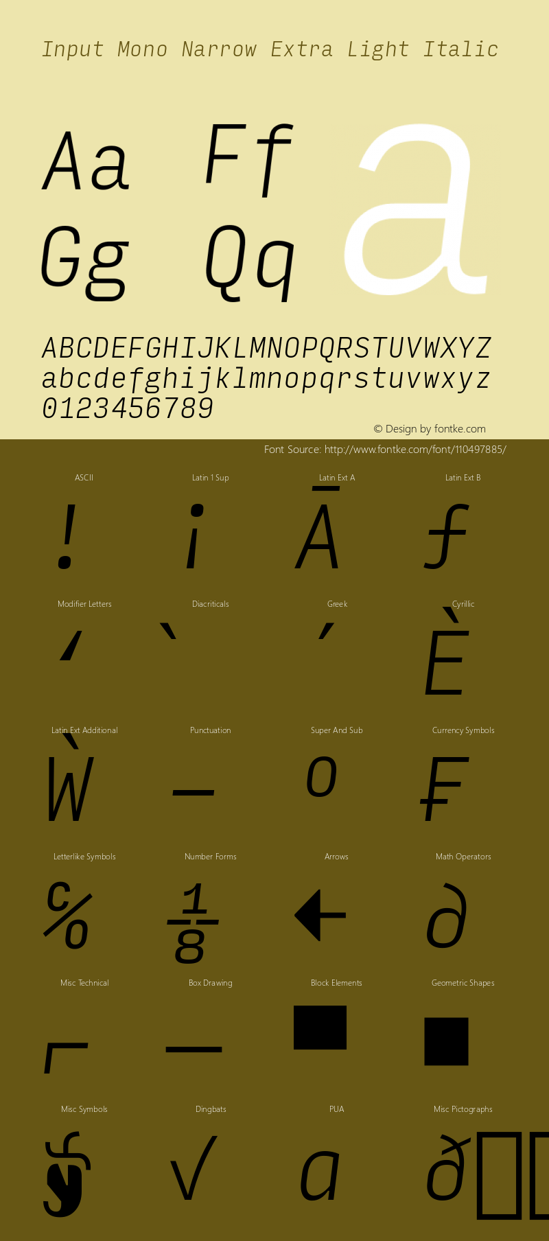 InputMonoNarrow ExLightIta Version 0.000;PS 0.0;hotconv 1.0.72;makeotf.lib2.5.5900; ttfautohint (v0.9)图片样张