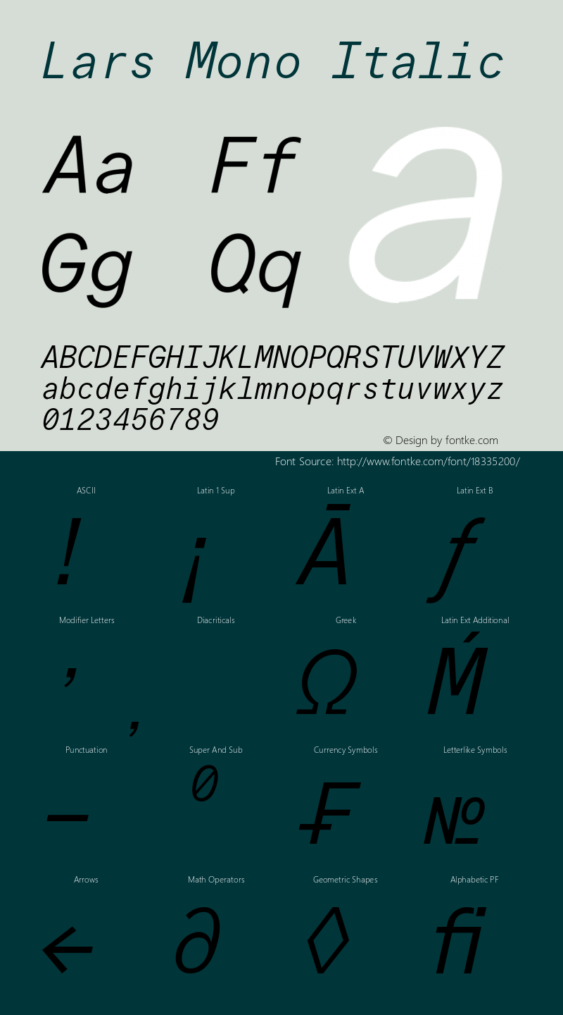 Lars Mono Italic Version 1.000;PS 001.000;hotconv 1.0.88;makeotf.lib2.5.64775图片样张