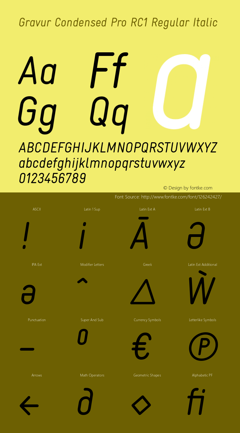 GravurCondProRegRCone-Italic Version 1.000;PS 001.001;FontLab 1.0.38图片样张