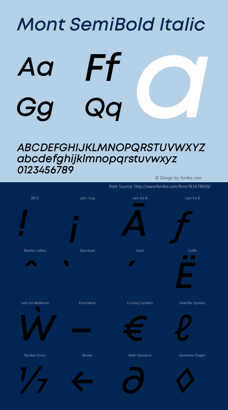 Mont SemiBold Italic Version 1.003;PS 001.003;hotconv 1.0.88;makeotf.lib2.5.64775图片样张