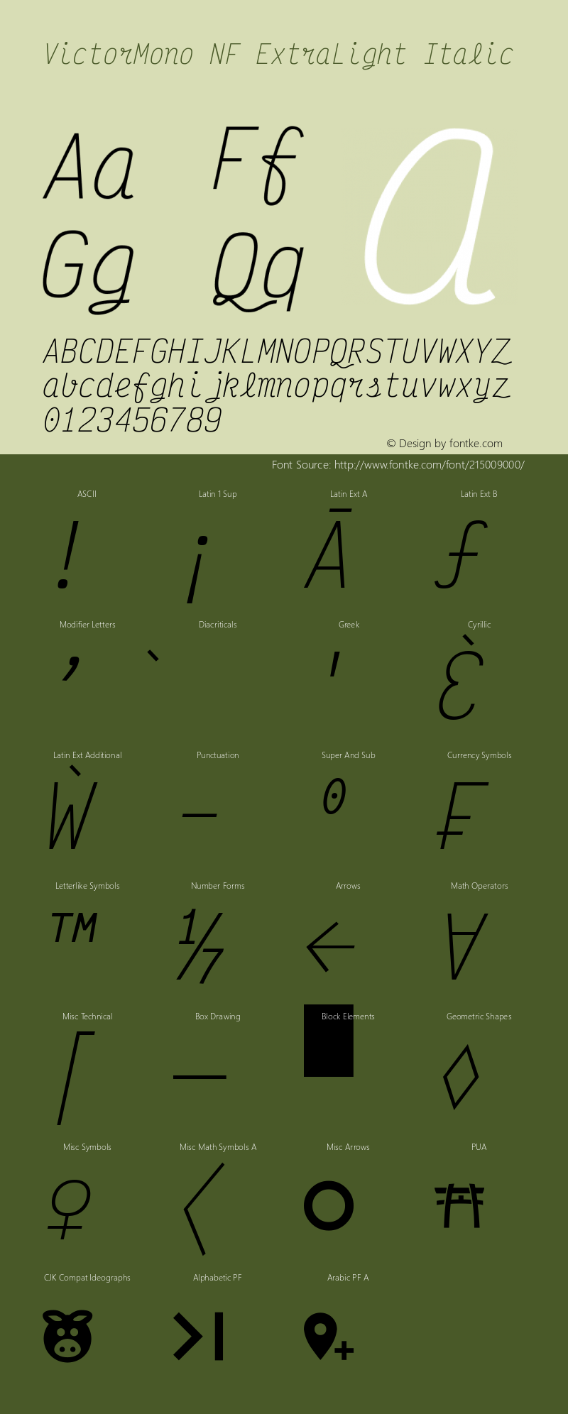 Victor Mono ExtraLight Italic Nerd Font Complete Mono Windows Compatible Version 1.410;Nerd Fonts 2.1.0图片样张