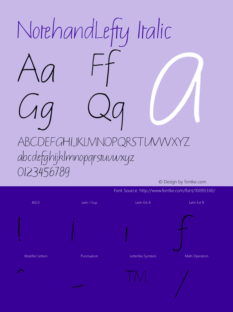 NotehandLefty Italic The IMSI MasterFonts Collection, tm 1995, 1996 IMSI (International Microcomputer Software Inc.)图片样张