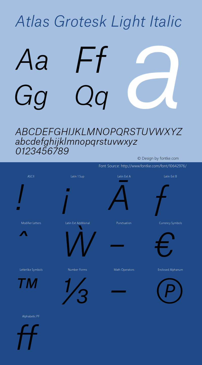 Atlas Grotesk Light Italic Version 1.001;PS 1.001;hotconv 1.0.57;makeotf.lib2.0.21895图片样张