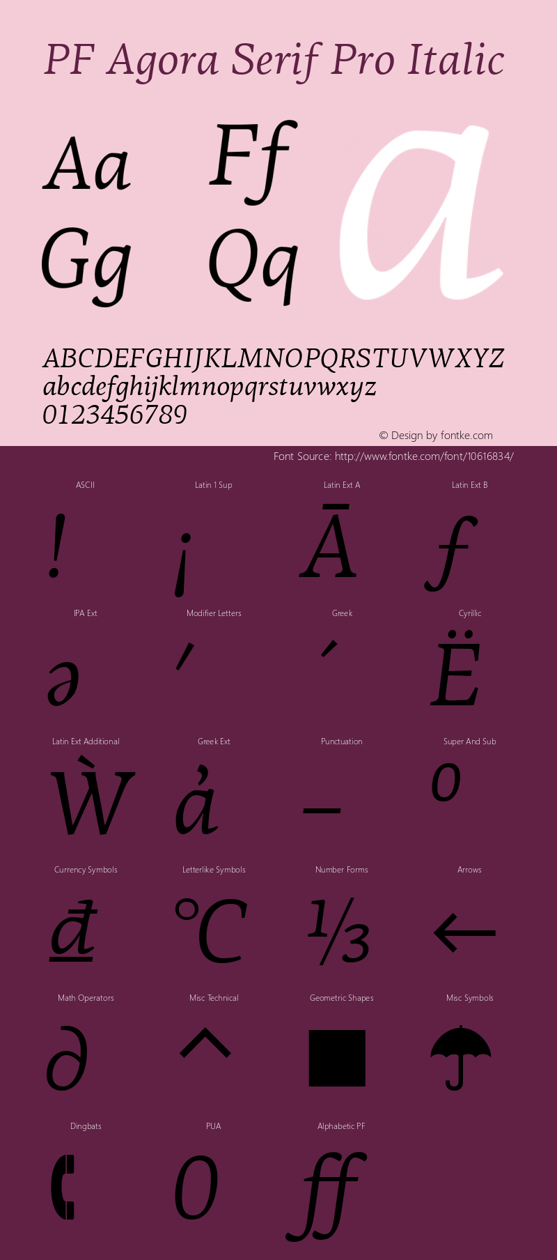PF Agora Serif Pro Italic Version 1.000 2006 initial release图片样张