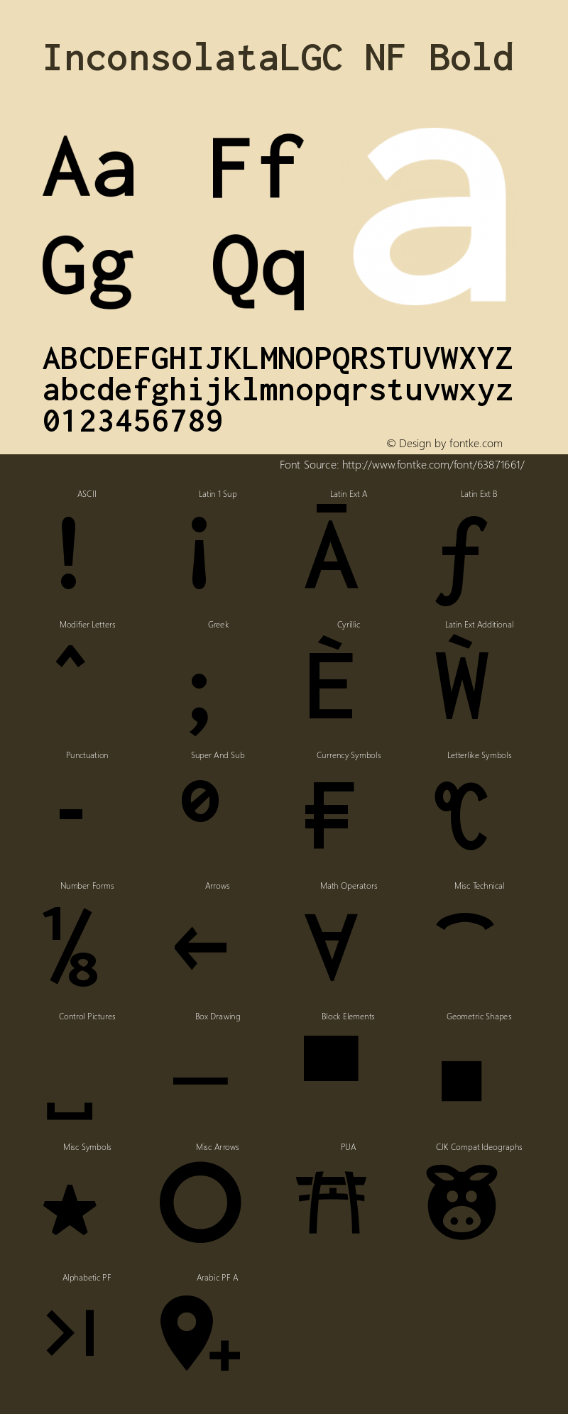 Inconsolata LGC Bold Nerd Font Complete Windows Compatible Version 1.3;Nerd Fonts 2.0.0图片样张