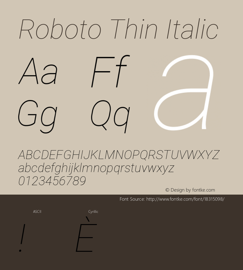 Roboto Thin Italic Version 2.134; 2016; ttfautohint (v1.4.1)图片样张