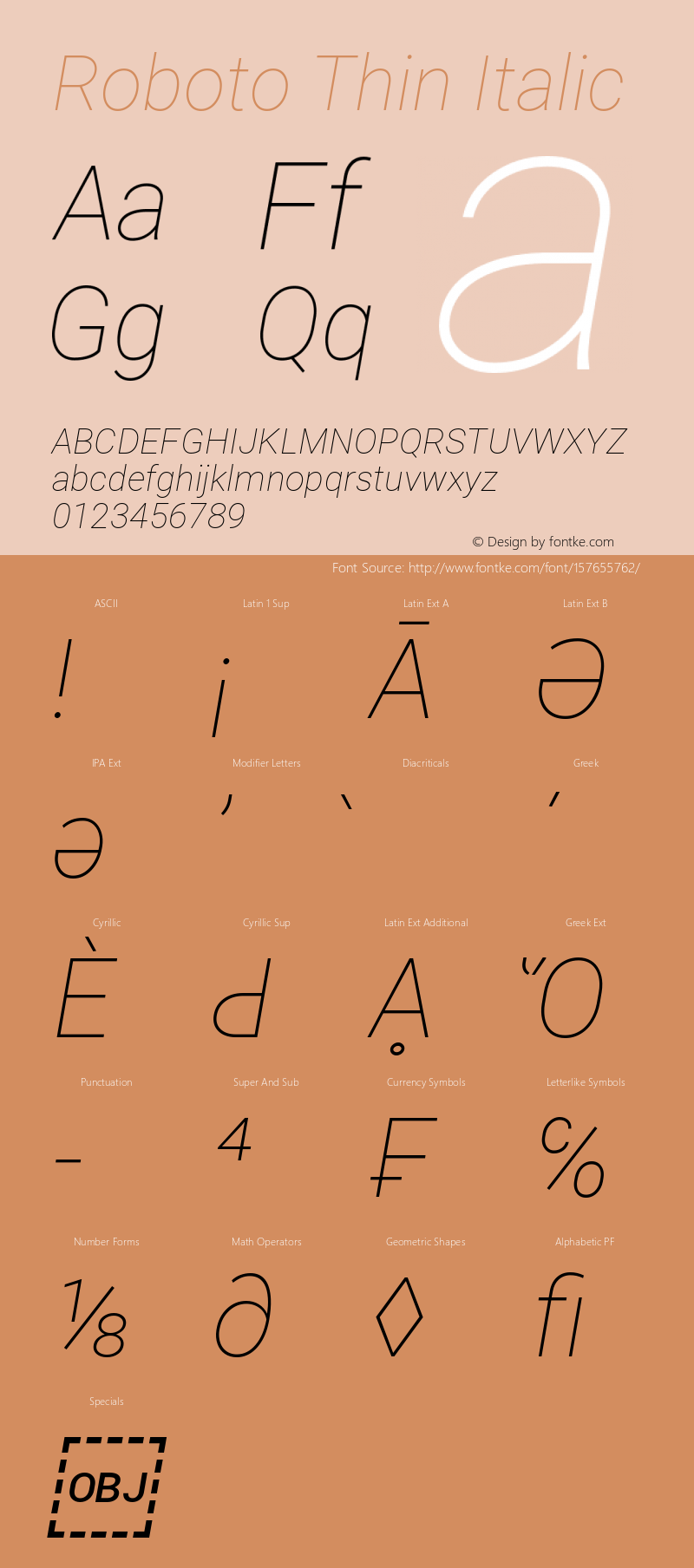 Roboto Thin Italic Version 2.137; 2017图片样张