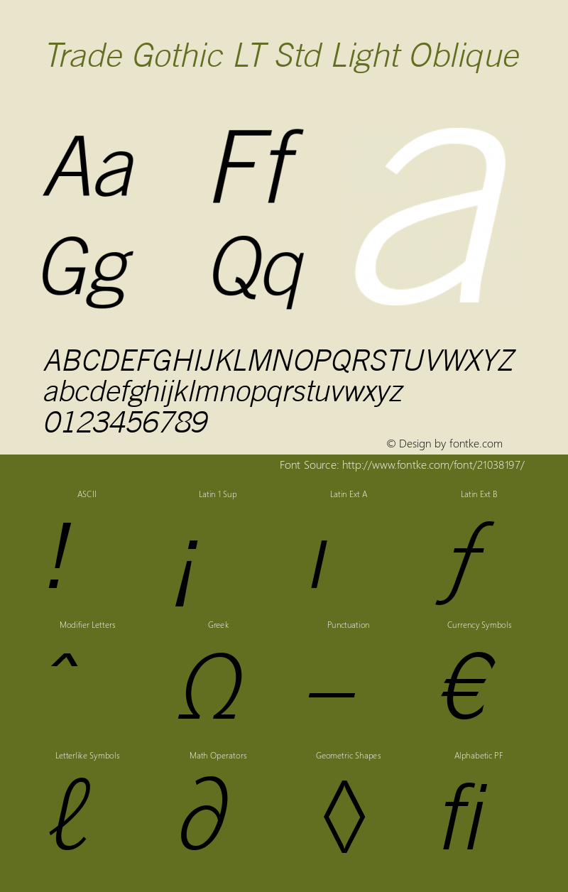 Trade Gothic LT Std Light Oblique OTF 1.029;PS 001.002;Core 1.0.33;makeotf.lib1.4.1585图片样张