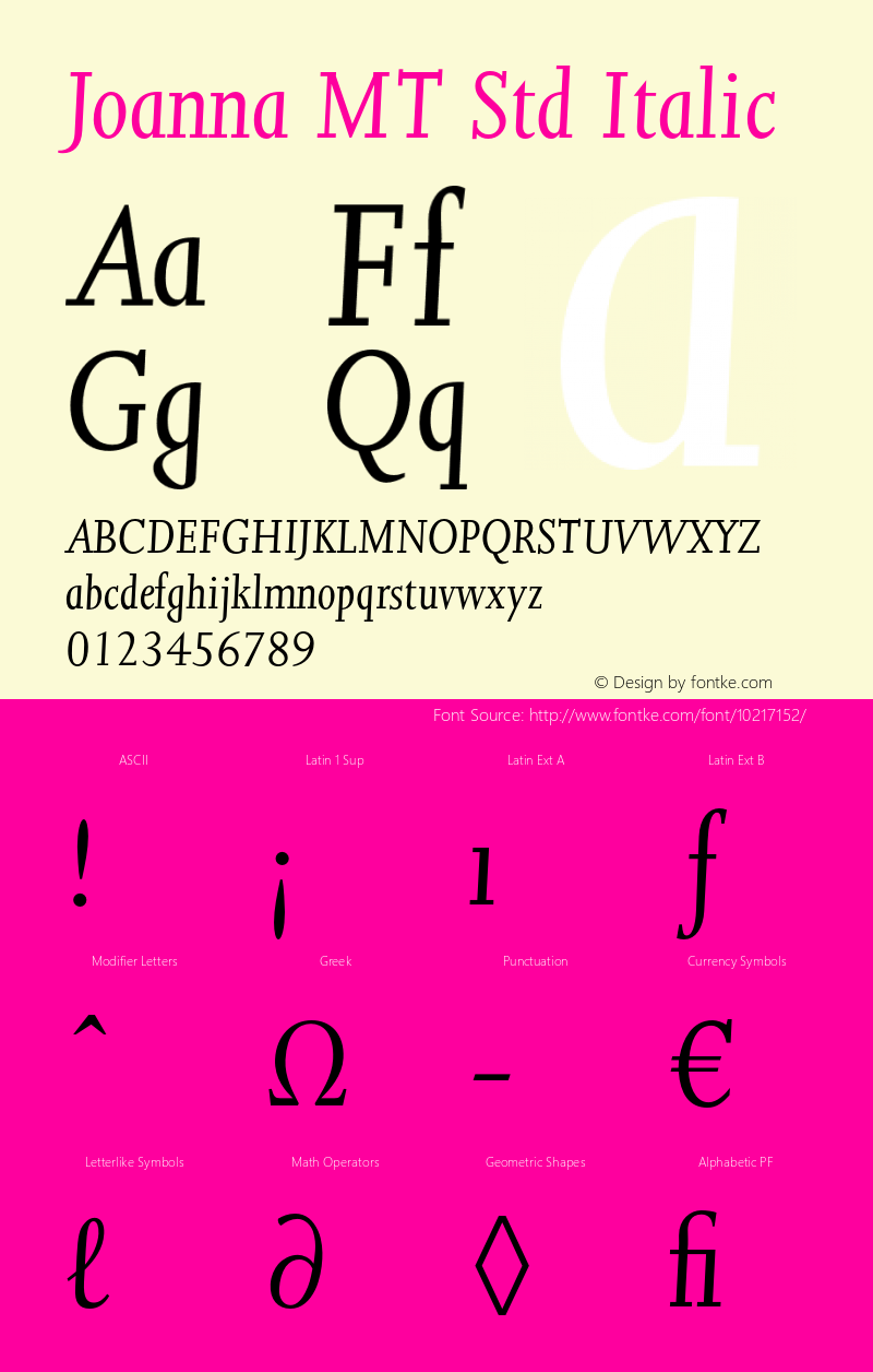 Joanna MT Std Italic Version 2.020;PS 002.000;hotconv 1.0.50;makeotf.lib2.0.16970图片样张