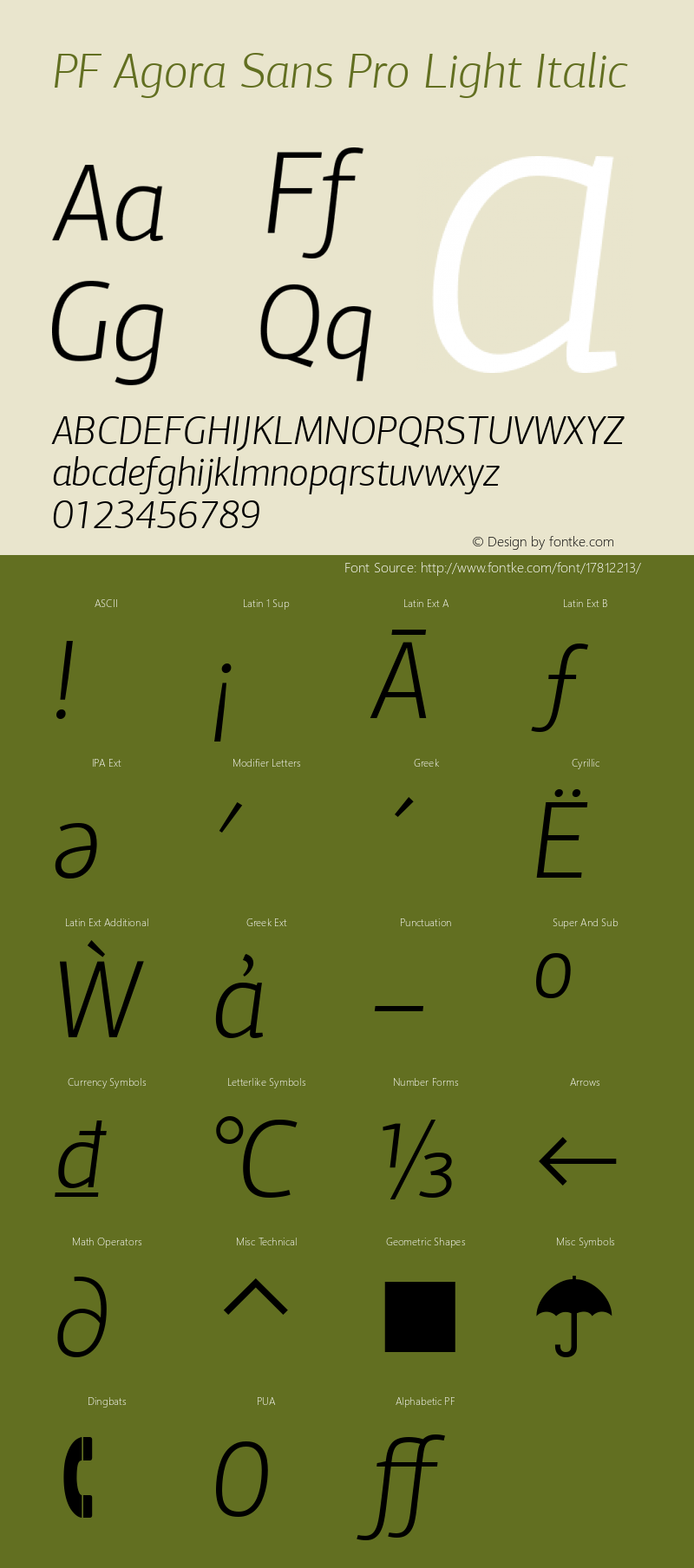 PF Agora Sans Pro Light Italic Version 1.000 2006 initial release图片样张