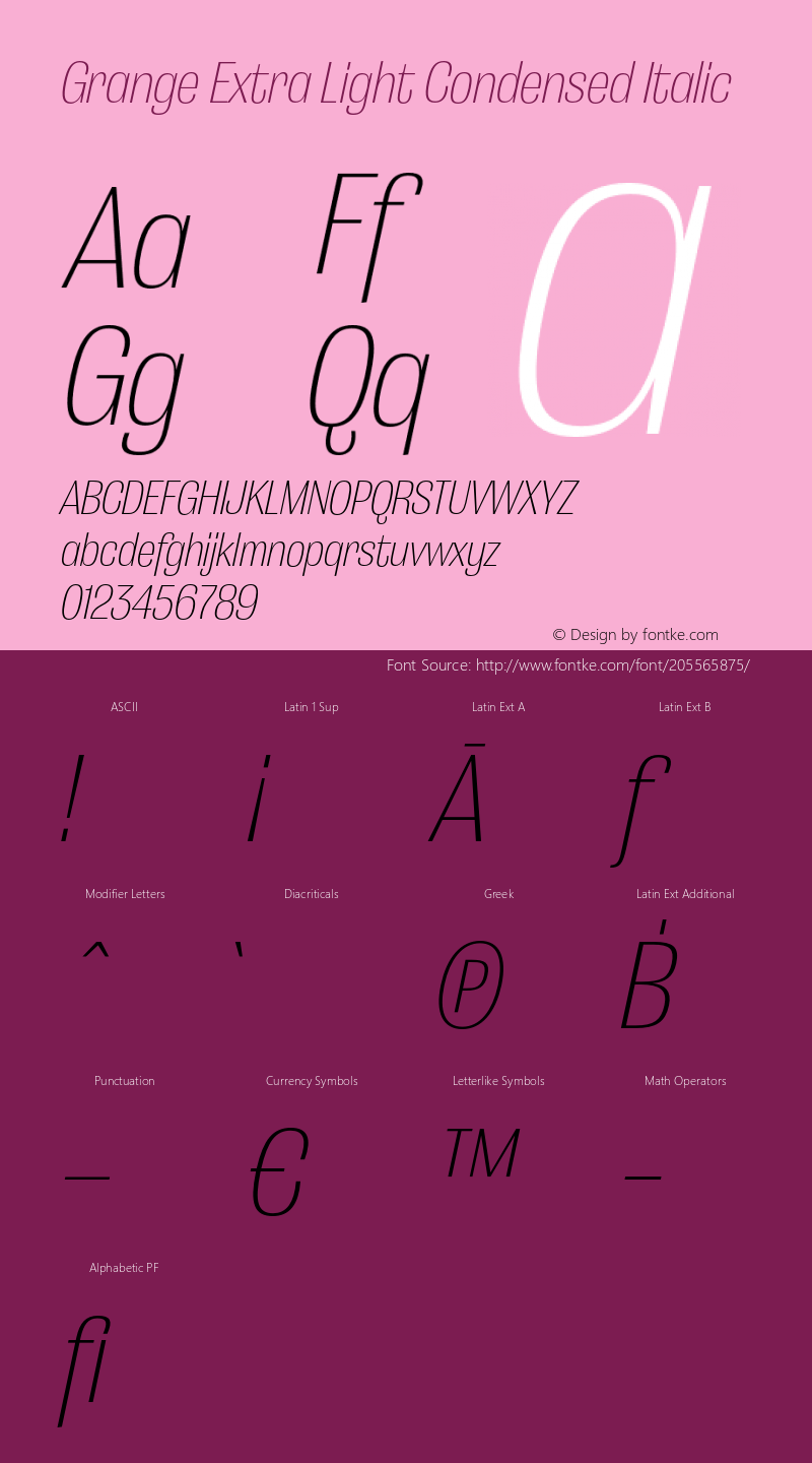 Grange Extra Light Condensed Italic Version 1.000;PS 001.000;hotconv 1.0.88;makeotf.lib2.5.64775图片样张