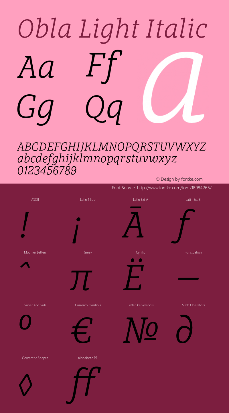 Obla Light Italic Version 1.000 2016 initial release图片样张