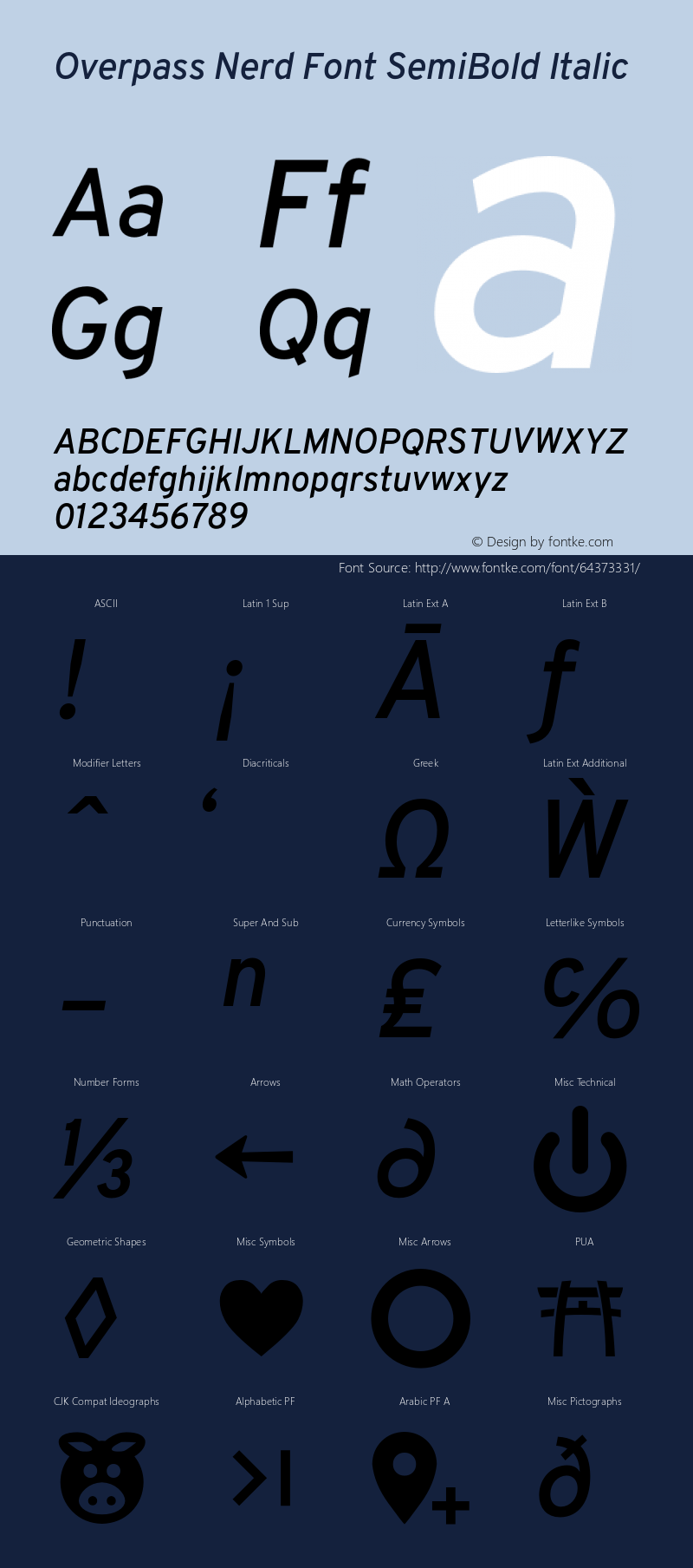 Overpass SemiBold Italic Nerd Font Complete Version 3.000;DELV;Overpass图片样张