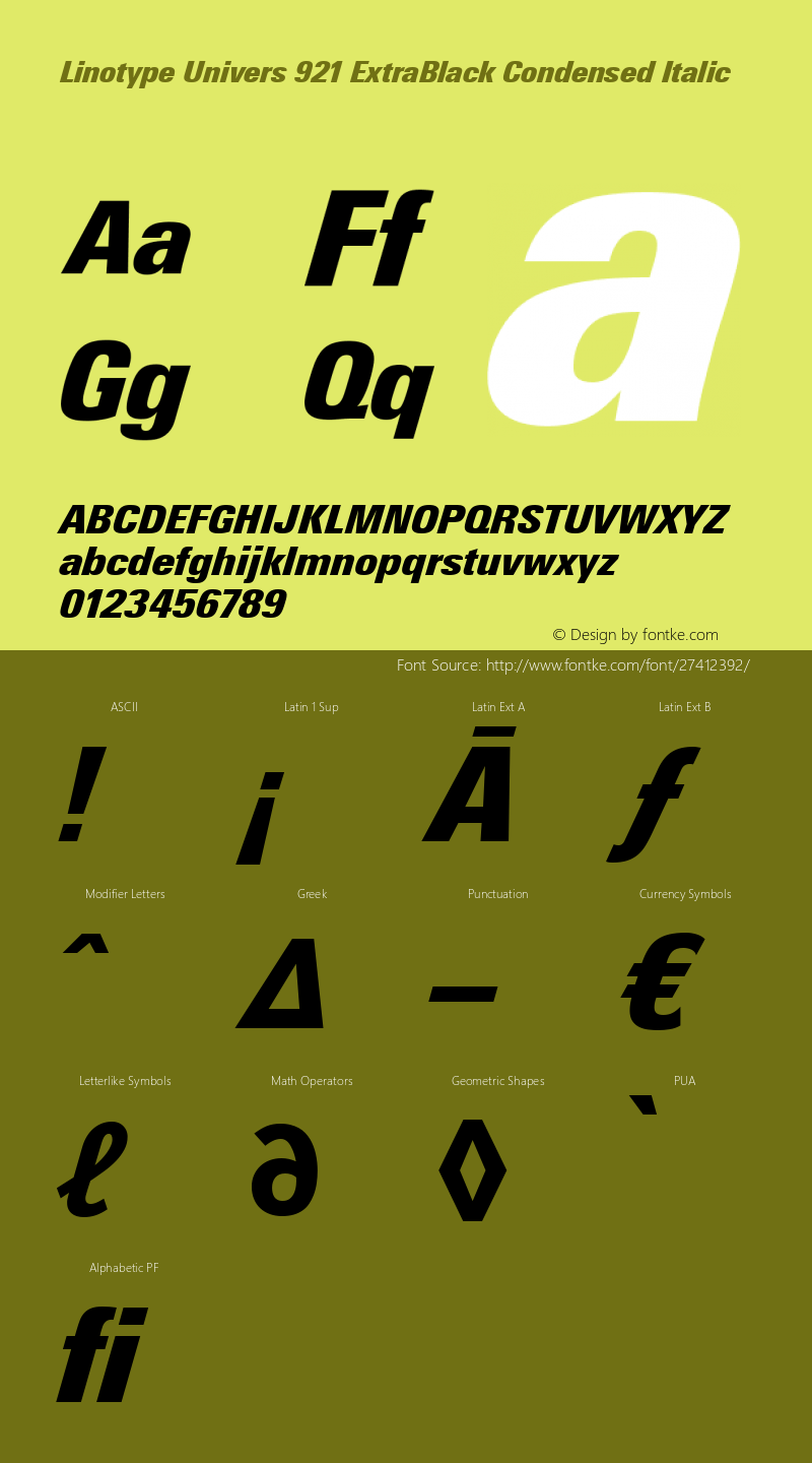 Linotype Univers 921 Extra Black Condensed Italic Version 1.31图片样张