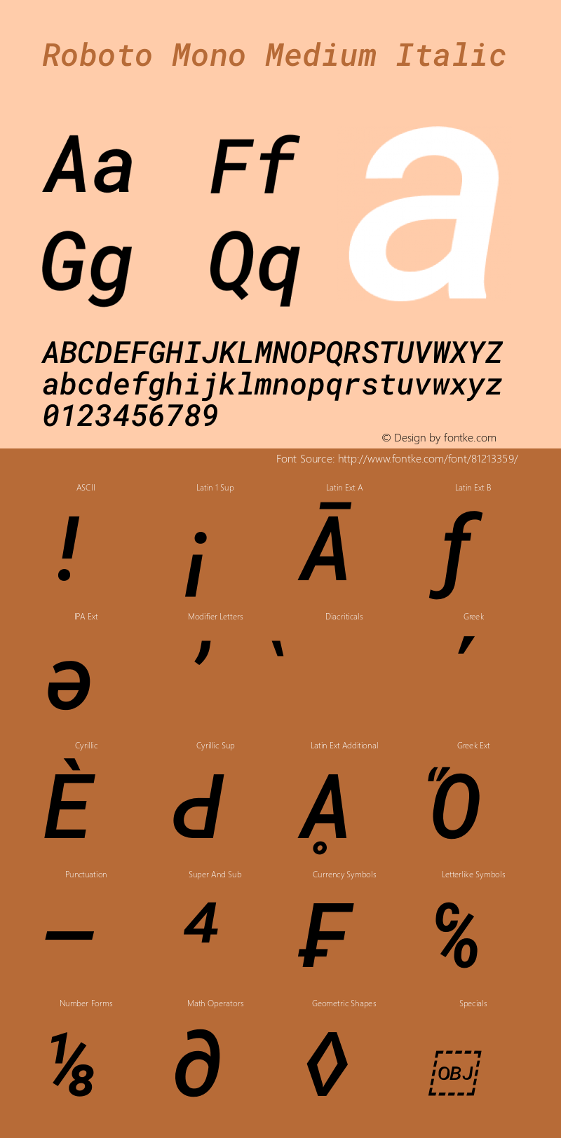 Roboto Mono Medium Italic Version 2.000985; 2015; ttfautohint (v1.3)图片样张