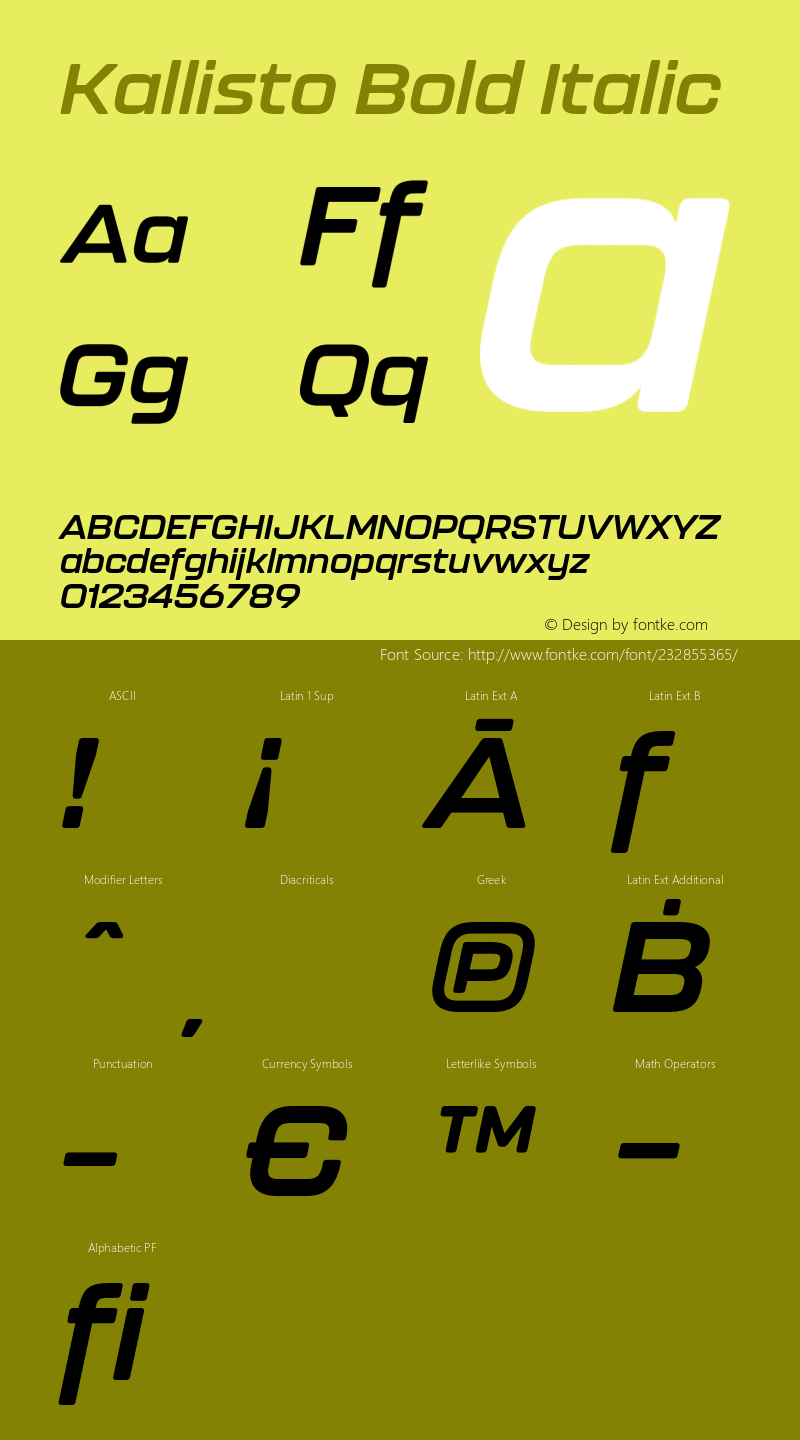 Kallisto Bold Italic Version 1.000;PS 001.000;hotconv 1.0.88;makeotf.lib2.5.64775图片样张