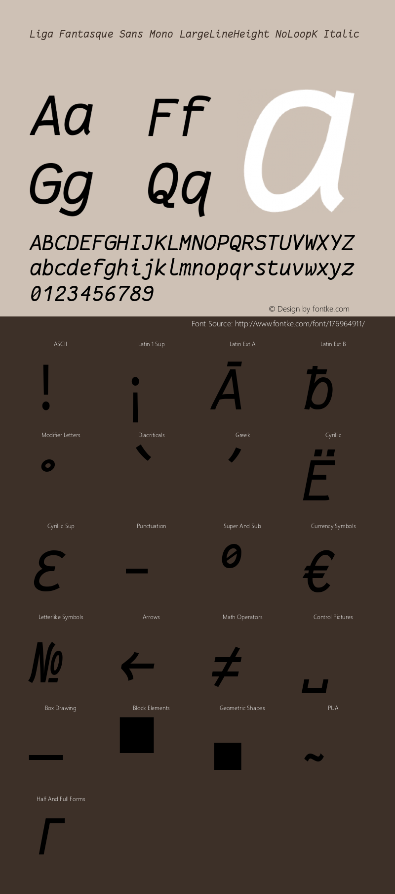 Liga Fantasque Sans Mono LargeLineHeight NoLoopK Italic Version 1.8.0 ; ttfautohint (v1.8.2)图片样张