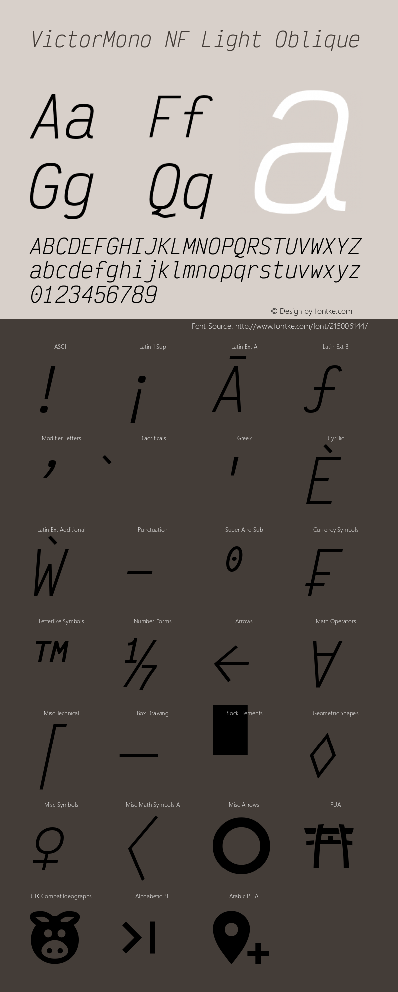 Victor Mono Light Oblique Nerd Font Complete Windows Compatible Version 1.410;Nerd Fonts 2.1.0图片样张