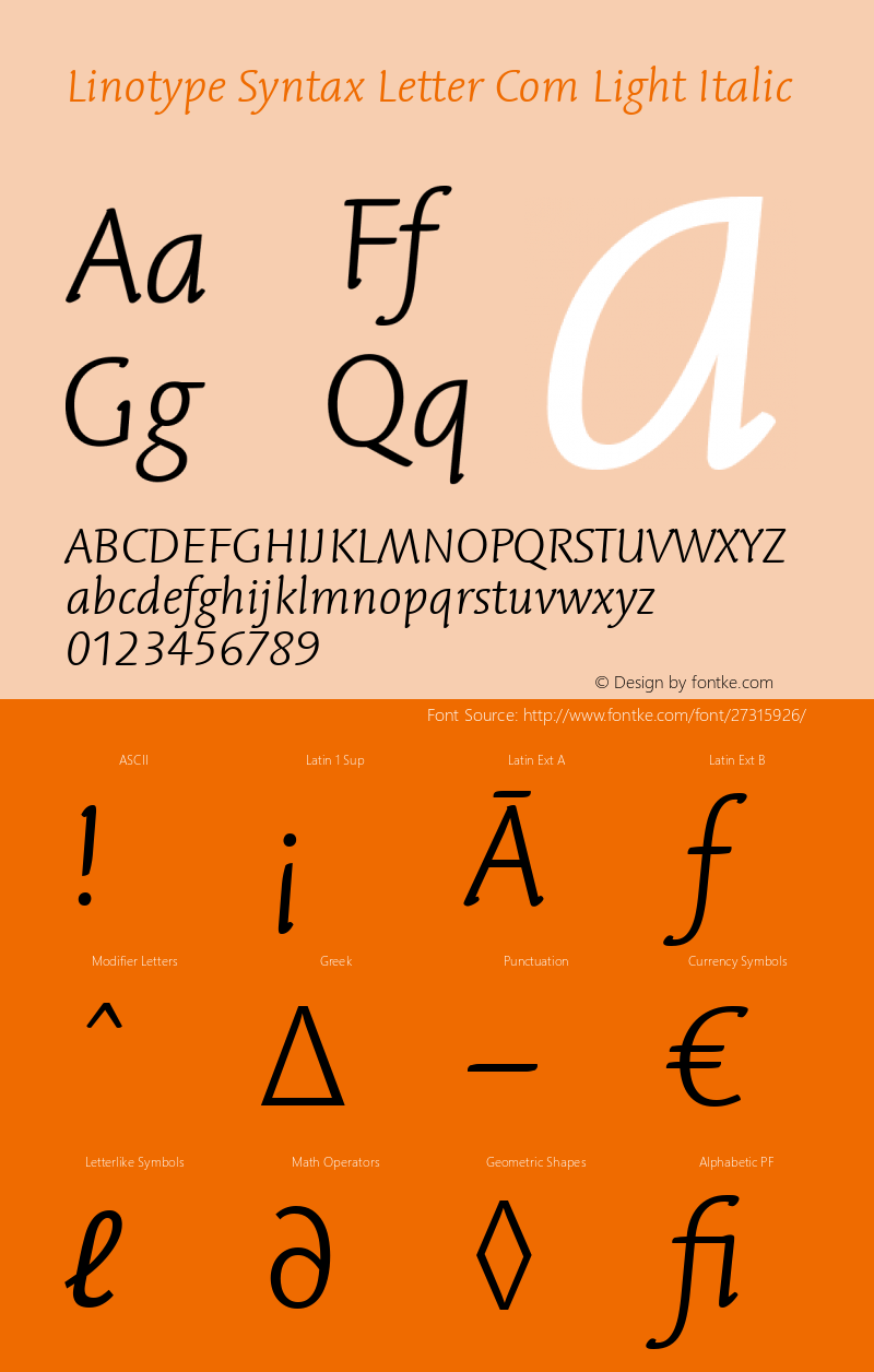 Linotype Syntax Letter Com Light Italic Version 1.01图片样张